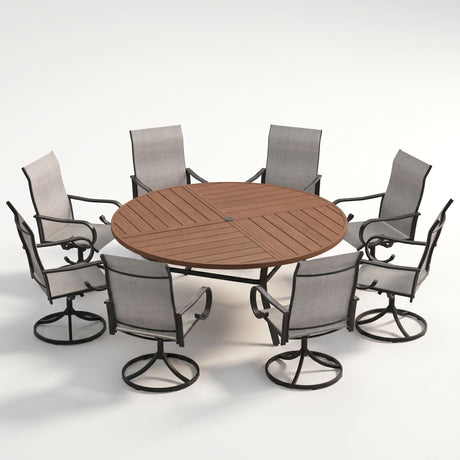 VICLLAX 9-Piece Modern Patio Dining Set, 60/63 inch Round Metal Table with Umbrella Hole and Ergonomic High-back Swivel Rocking Sling Chairs