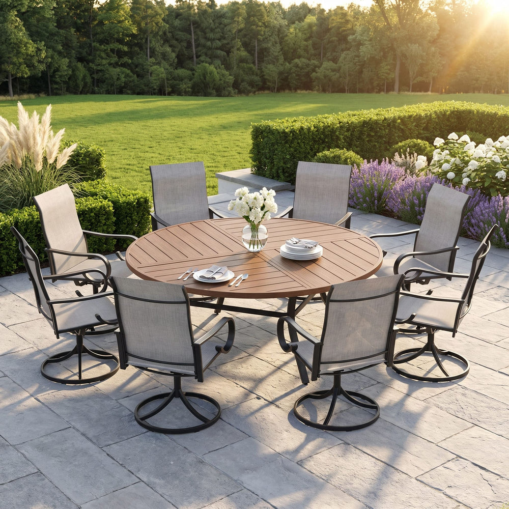 VICLLAX 9-Piece Modern Patio Dining Set, 60/63 inch Round Metal Table with Umbrella Hole and Ergonomic High-back Swivel Rocking Sling Chairs