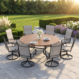 VICLLAX 9-Piece Modern Patio Dining Set, 60/63 inch Round Metal Table with Umbrella Hole and Ergonomic High-back Swivel Rocking Sling Chairs