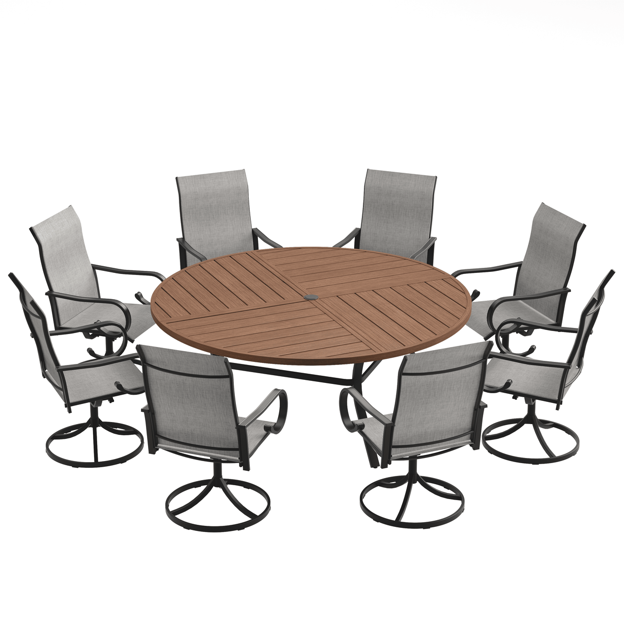 VICLLAX 9-Piece Modern Patio Dining Set, 60/63 inch Round Metal Table with Umbrella Hole and Ergonomic High-back Swivel Rocking Sling Chairs