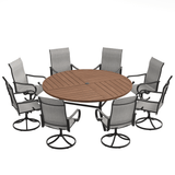 VICLLAX 9-Piece Modern Patio Dining Set, 60/63 inch Round Metal Table with Umbrella Hole and Ergonomic High-back Swivel Rocking Sling Chairs