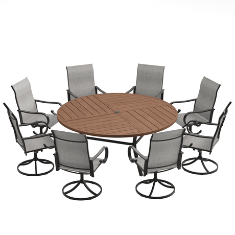 VICLLAX 9-Piece Modern Patio Dining Set, 60/63 inch Round Metal Table with Umbrella Hole and Ergonomic High-back Swivel Rocking Sling Chairs