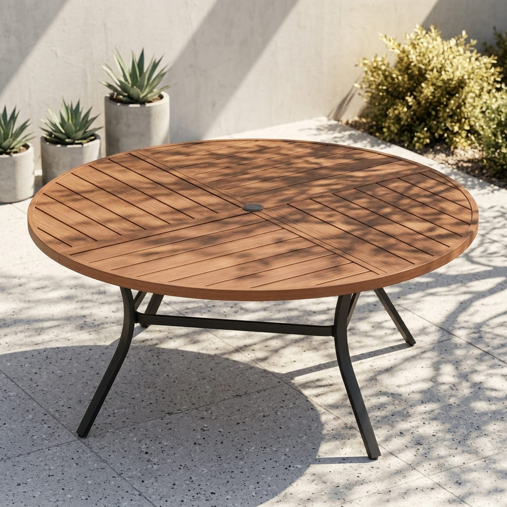 Vicllax 9-Piece Estate Dining Furniture - 60" / 63" Round Parquet Table with 8 Smooth Synthetic Rattan Cushioned Armchairs