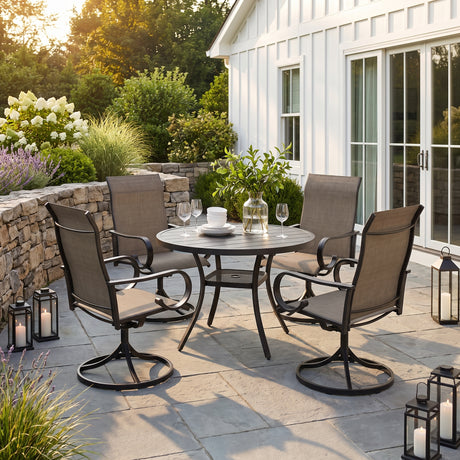 VICLLAX 5-Piece Patio Furniture Set - 41" Diameter Round Slat Top Dining Table with 4 Swivel Mesh Chairs