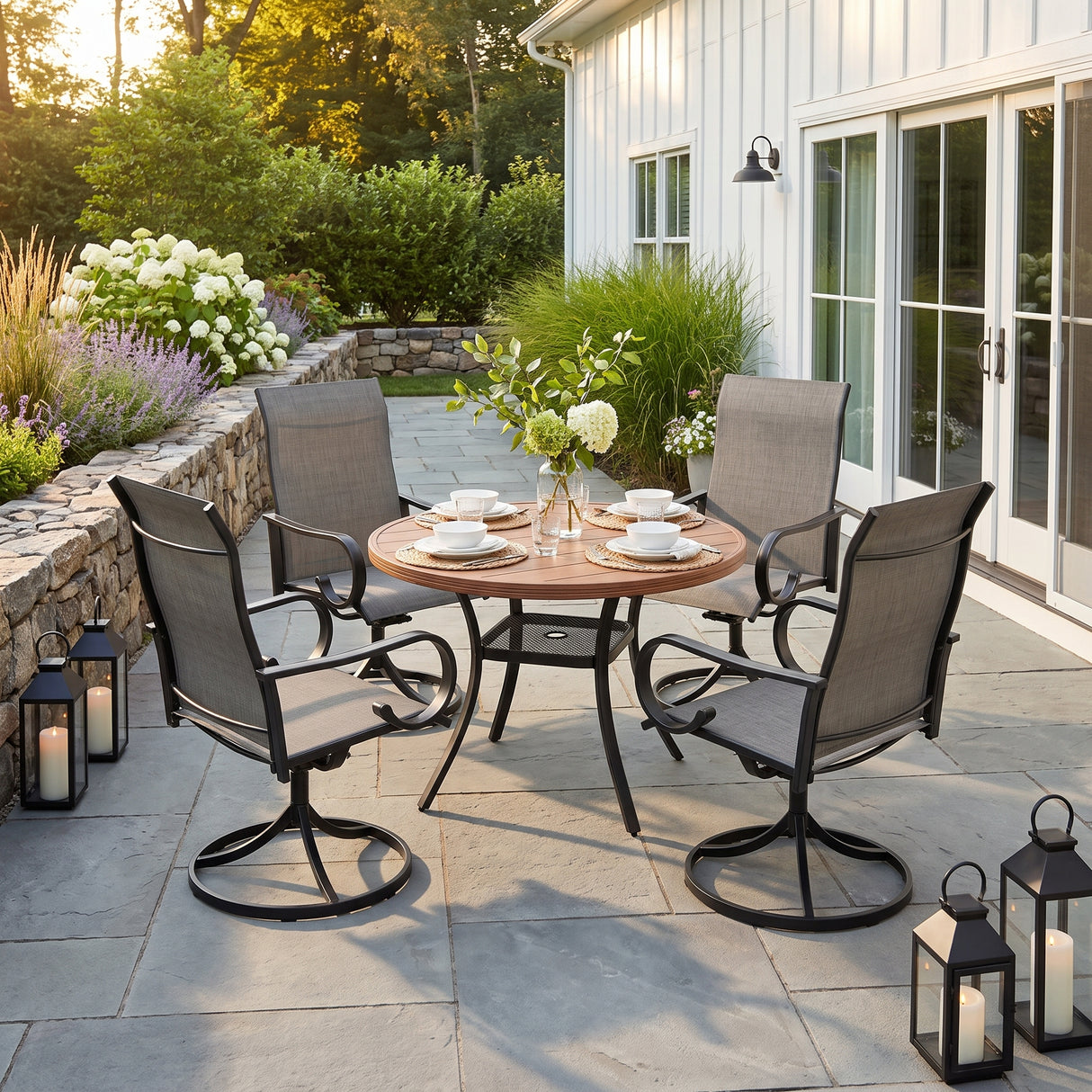 VICLLAX 5-Piece Patio Furniture Set - 41" Diameter Round Slat Top Dining Table with 4 Swivel Mesh Chairs