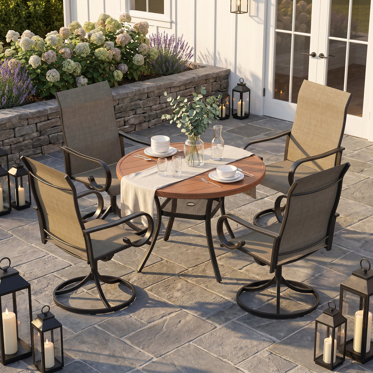 VICLLAX 5-Piece Patio Furniture Set - 41" Diameter Round Slat Top Dining Table with 4 Swivel Mesh Chairs