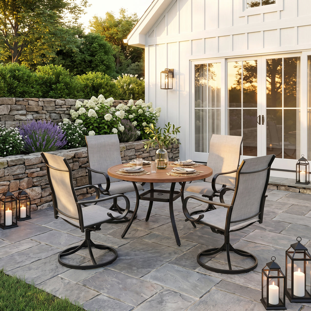 VICLLAX 5-Piece Patio Furniture Set - 41" Diameter Round Slat Top Dining Table with 4 Swivel Mesh Chairs