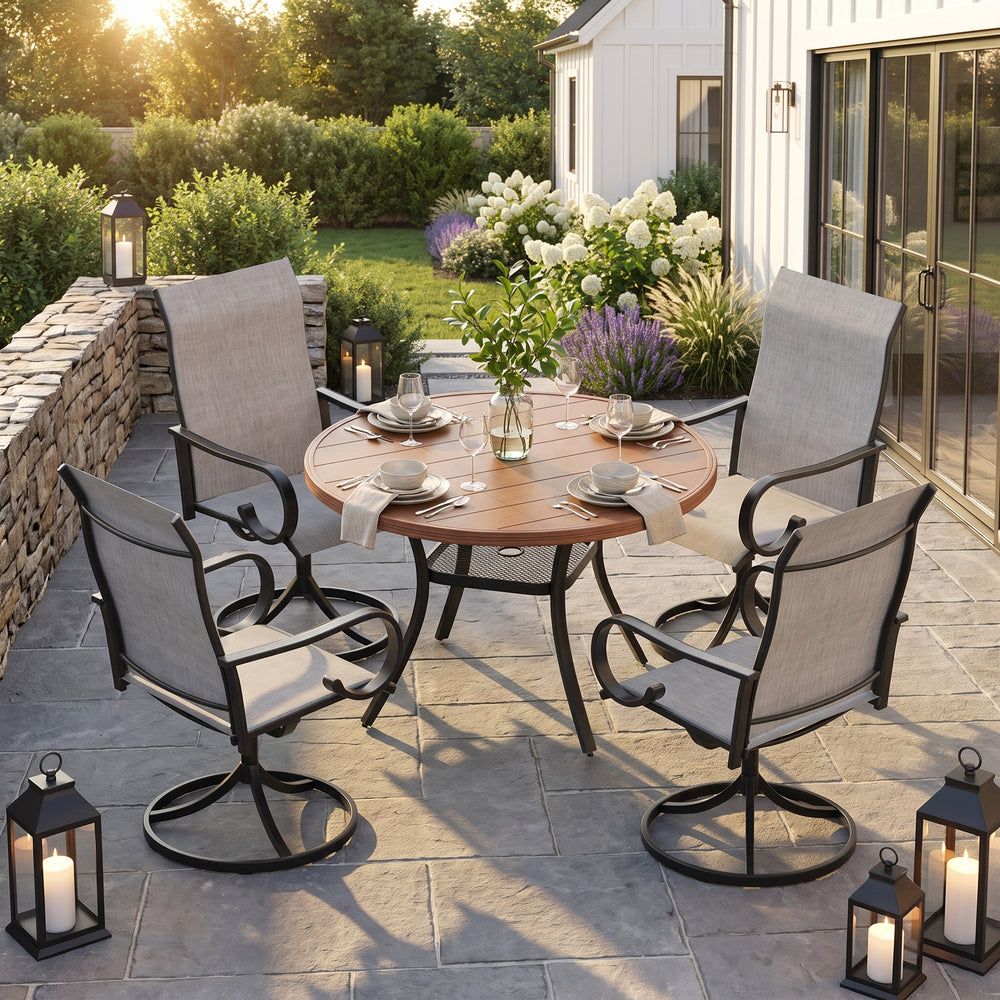 VICLLAX 5-Piece Patio Furniture Set - 41" Diameter Round Slat Top Dining Table with 4 Swivel Mesh Chairs