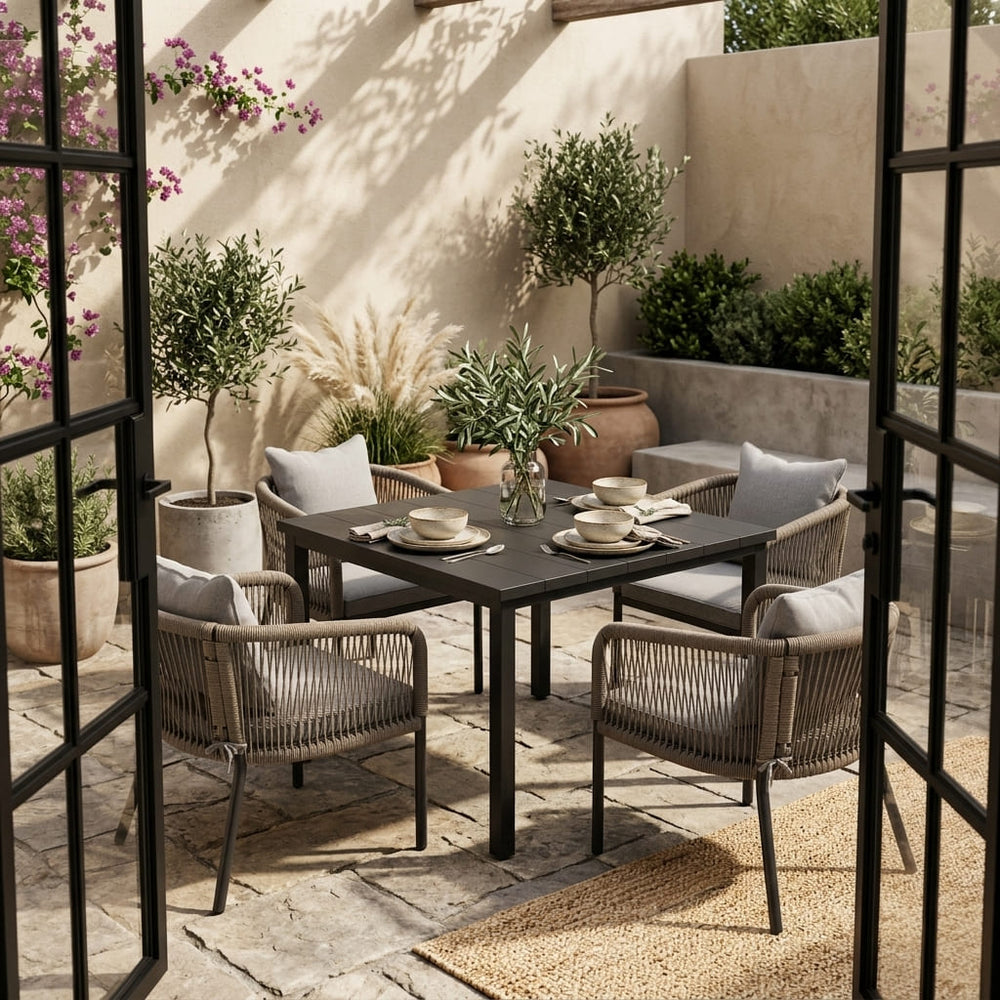Vicllax 5-Piece Outdoor Patio Dining Set - 40.2-Inch Square Table with Umbrella Hole and Aria Modern Woven Rope Armchair