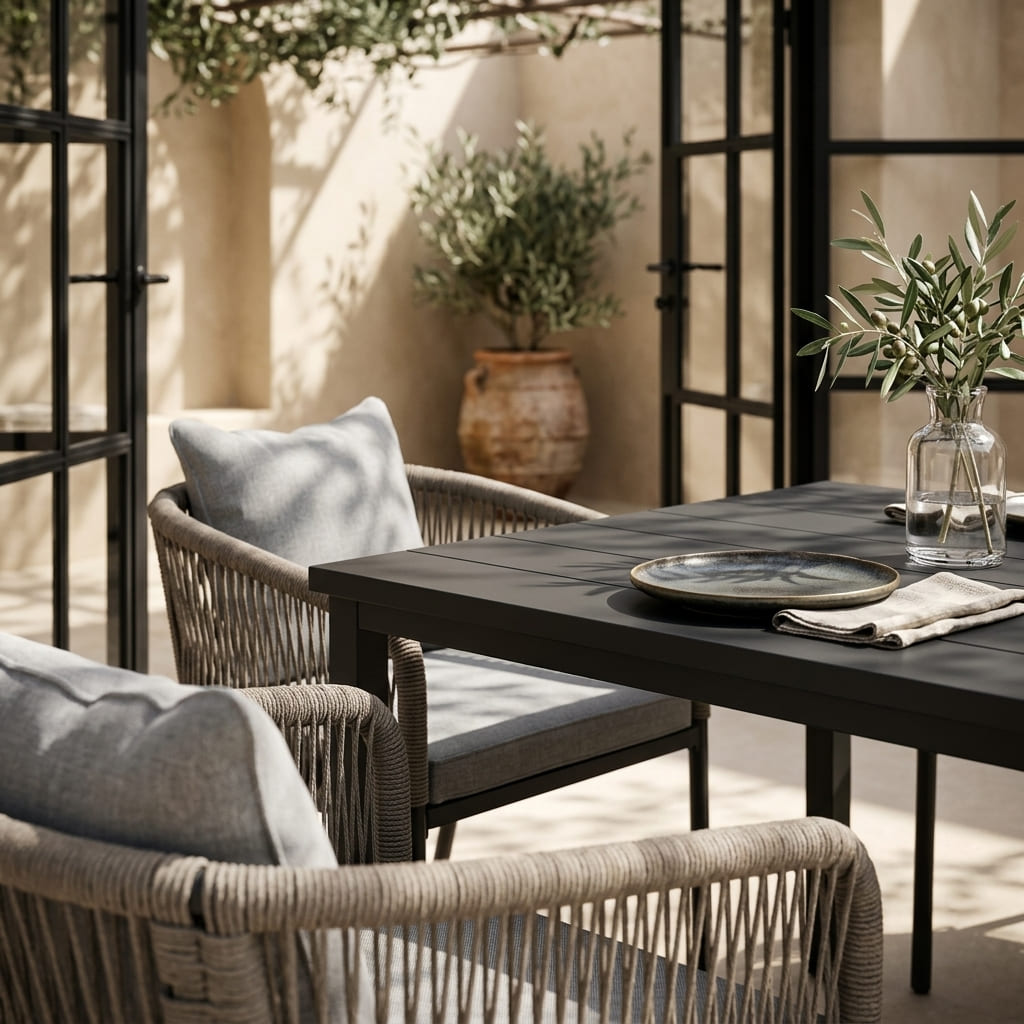 Vicllax 5-Piece Outdoor Patio Dining Set - 40.2-Inch Square Table with Umbrella Hole and Aria Modern Woven Rope Armchair