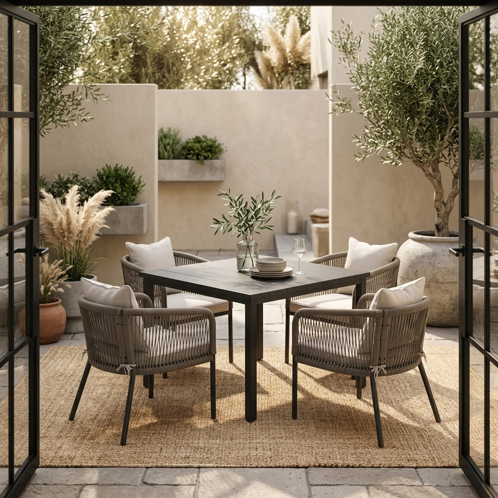 Vicllax 5-Piece Outdoor Patio Dining Set - 40.2-Inch Square Table with Umbrella Hole and Aria Modern Woven Rope Armchair