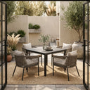 Vicllax 5-Piece Outdoor Patio Dining Set - 40.2-Inch Square Table with Umbrella Hole and Aria Modern Woven Rope Armchair