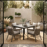 Vicllax 5-Piece Outdoor Patio Dining Set - 40.2-Inch Square Table with Umbrella Hole and Aria Modern Woven Rope Armchair