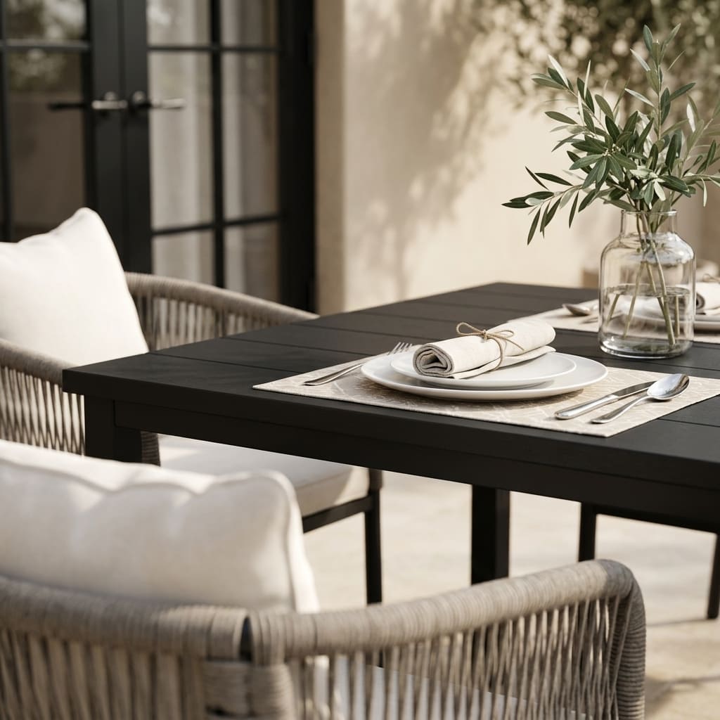 Vicllax 5-Piece Outdoor Patio Dining Set - 40.2-Inch Square Table with Umbrella Hole and Aria Modern Woven Rope Armchair