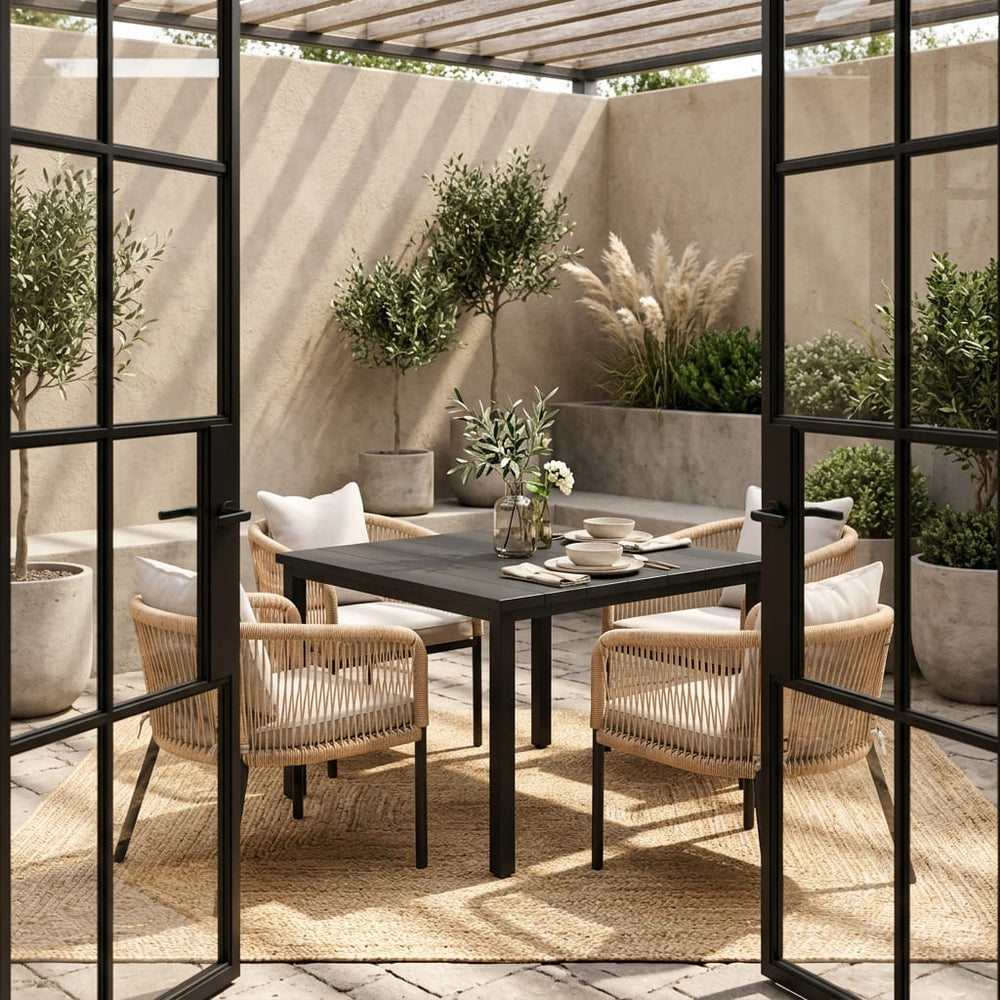 Vicllax 5-Piece Outdoor Patio Dining Set - 40.2-Inch Square Table with Umbrella Hole and Aria Modern Woven Rope Armchair