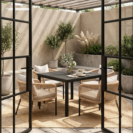 Vicllax 5-Piece Outdoor Patio Dining Set - 40.2-Inch Square Table with Umbrella Hole and Aria Modern Woven Rope Armchair
