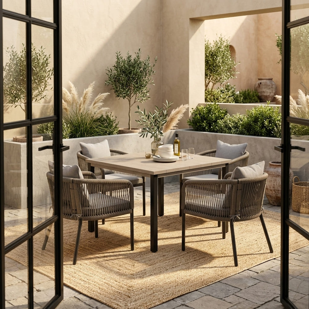 Vicllax 5-Piece Outdoor Patio Dining Set - 40.2-Inch Square Table with Umbrella Hole and Aria Modern Woven Rope Armchair