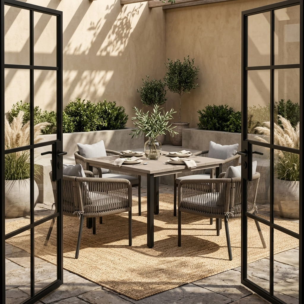 Vicllax 5-Piece Outdoor Patio Dining Set - 40.2-Inch Square Table with Umbrella Hole and Aria Modern Woven Rope Armchair