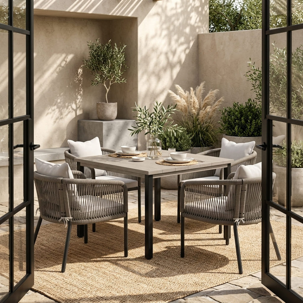 Vicllax 5-Piece Outdoor Patio Dining Set - 40.2-Inch Square Table with Umbrella Hole and Aria Modern Woven Rope Armchair