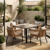 Vicllax 5-Piece Outdoor Patio Dining Set - 40.2-Inch Square Table with Umbrella Hole and Aria Modern Woven Rope Armchair