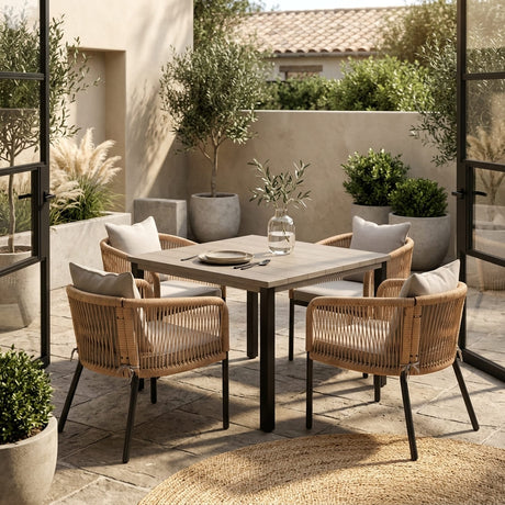 Vicllax 5-Piece Outdoor Patio Dining Set - 40.2-Inch Square Table with Umbrella Hole and Aria Modern Woven Rope Armchair