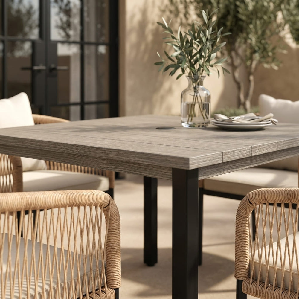 Vicllax 5-Piece Outdoor Patio Dining Set - 40.2-Inch Square Table with Umbrella Hole and Aria Modern Woven Rope Armchair