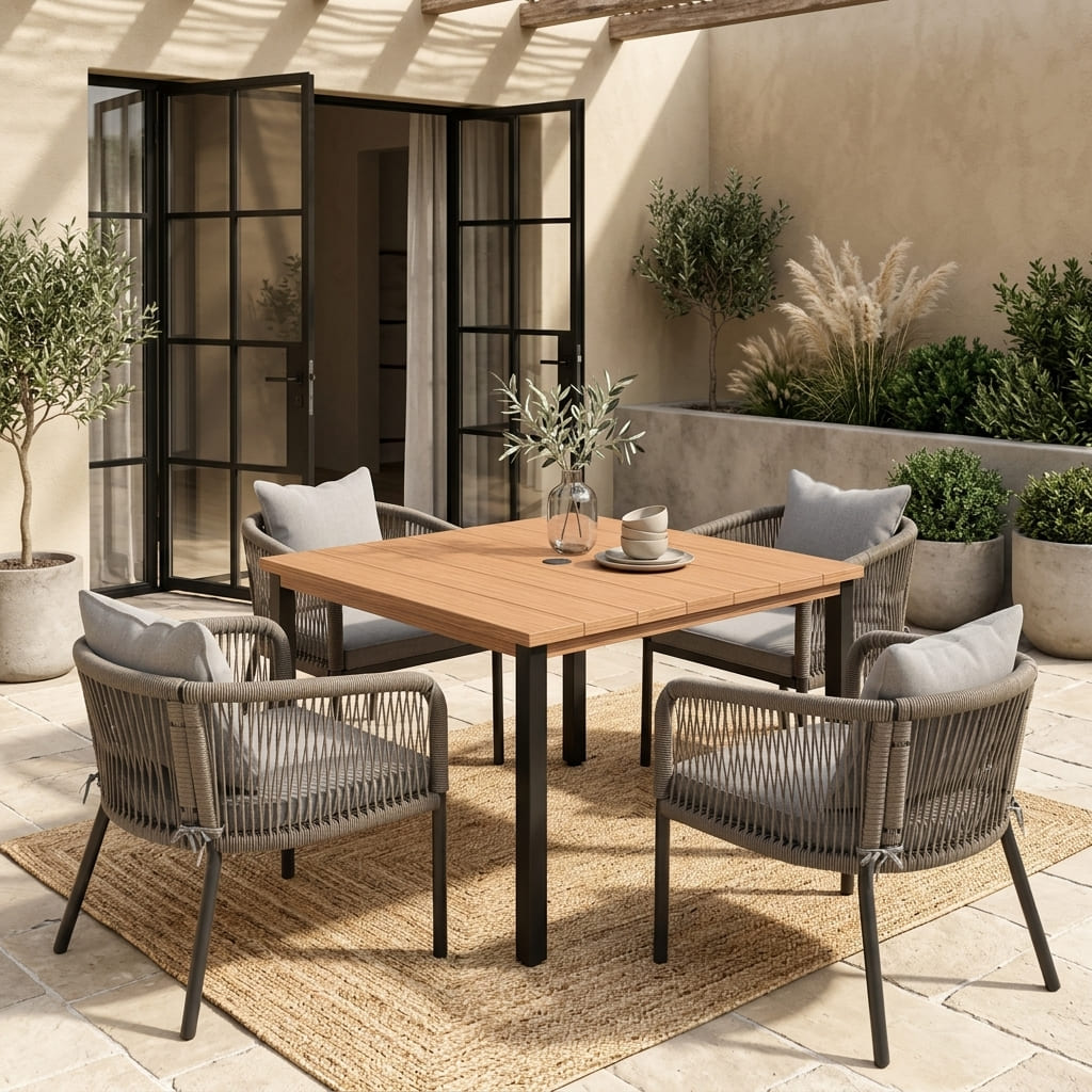 Vicllax 5-Piece Outdoor Patio Dining Set - 40.2-Inch Square Table with Umbrella Hole and Aria Modern Woven Rope Armchair
