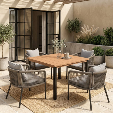 Vicllax 5-Piece Outdoor Patio Dining Set - 40.2-Inch Square Table with Umbrella Hole and Aria Modern Woven Rope Armchair