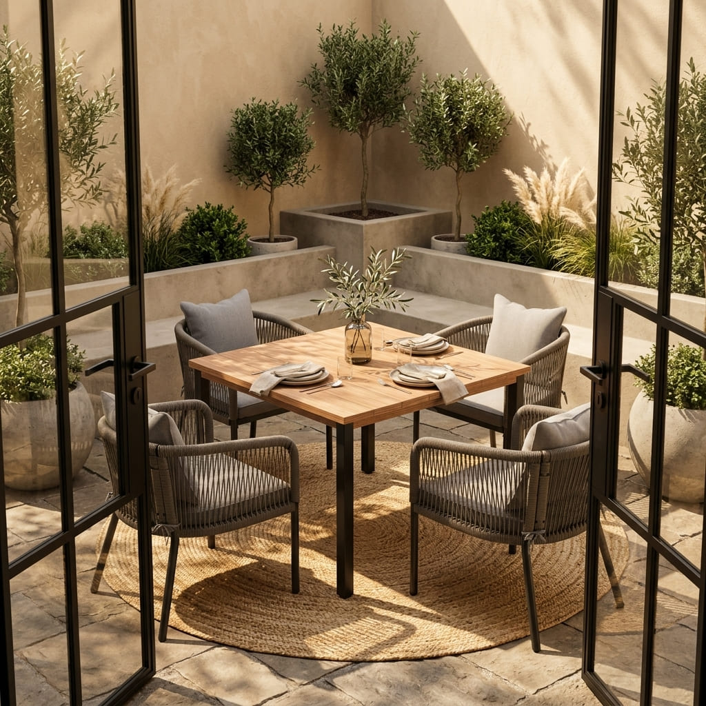 Vicllax 5-Piece Outdoor Patio Dining Set - 40.2-Inch Square Table with Umbrella Hole and Aria Modern Woven Rope Armchair