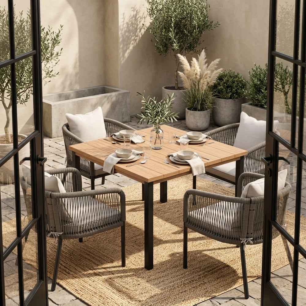 Vicllax 5-Piece Outdoor Patio Dining Set - 40.2-Inch Square Table with Umbrella Hole and Aria Modern Woven Rope Armchair