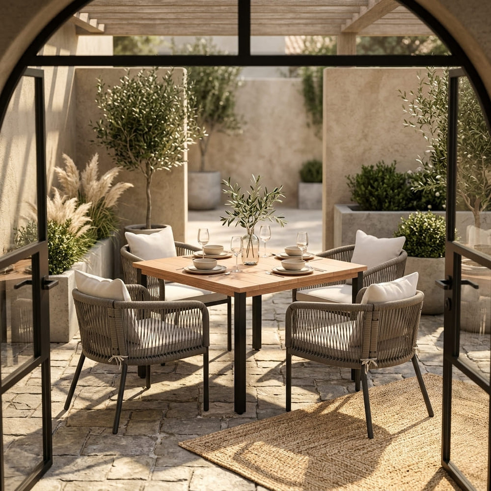 Vicllax 5-Piece Outdoor Patio Dining Set - 40.2-Inch Square Table with Umbrella Hole and Aria Modern Woven Rope Armchair