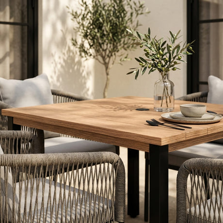 Vicllax 5-Piece Outdoor Patio Dining Set - 40.2-Inch Square Table with Umbrella Hole and Aria Modern Woven Rope Armchair