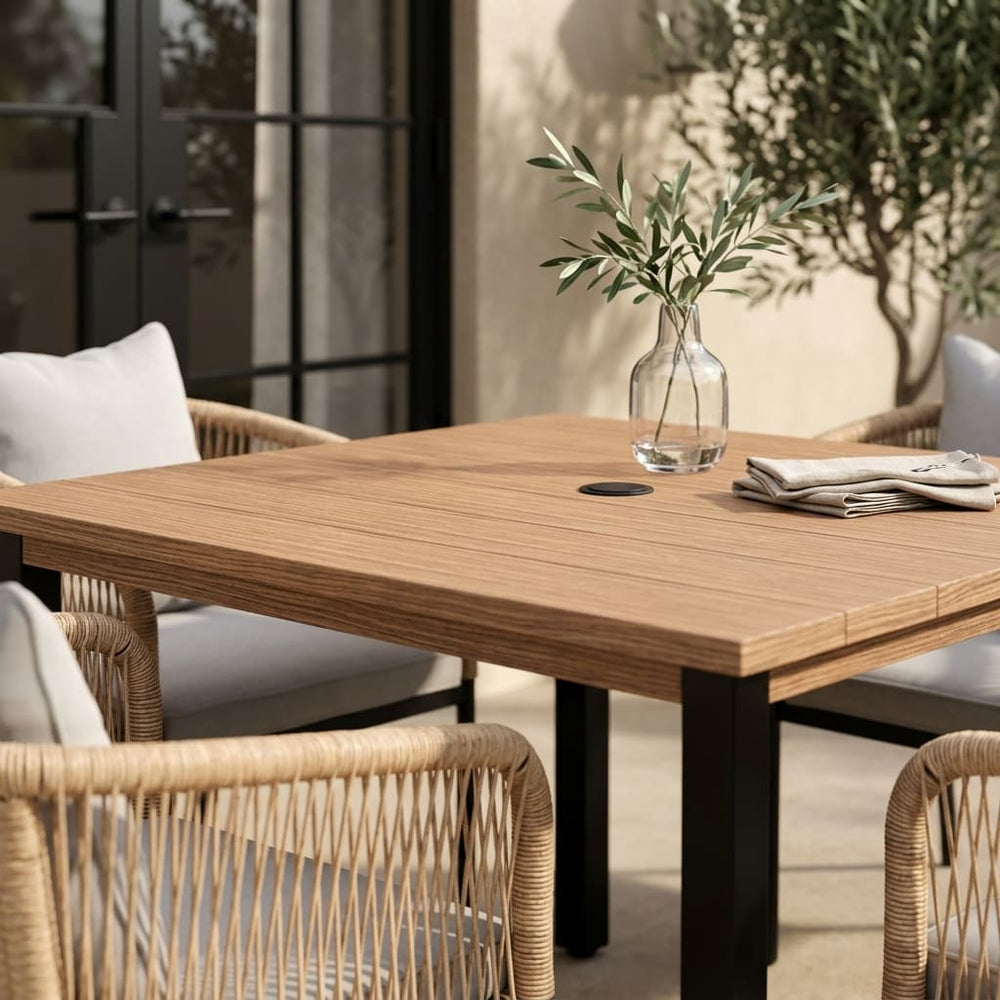 Vicllax 5-Piece Outdoor Patio Dining Set - 40.2-Inch Square Table with Umbrella Hole and Aria Modern Woven Rope Armchair