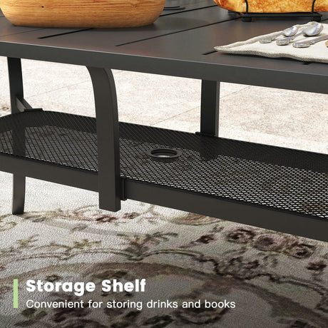 Vicllax Mesa de comedor de exterior para 6 personas, mesa de listones de acero curvado de metal para patio con orificio para sombrilla