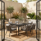 Vicllax 7-Piece Outside Dining Furniture - 63" Rectangular Slat-Top Table with Aria Modern Woven Rope Armchair