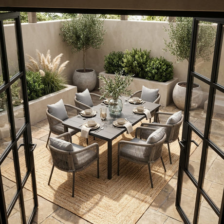 Vicllax 7-Piece Outside Dining Furniture - 63" Rectangular Slat-Top Table with Aria Modern Woven Rope Armchair
