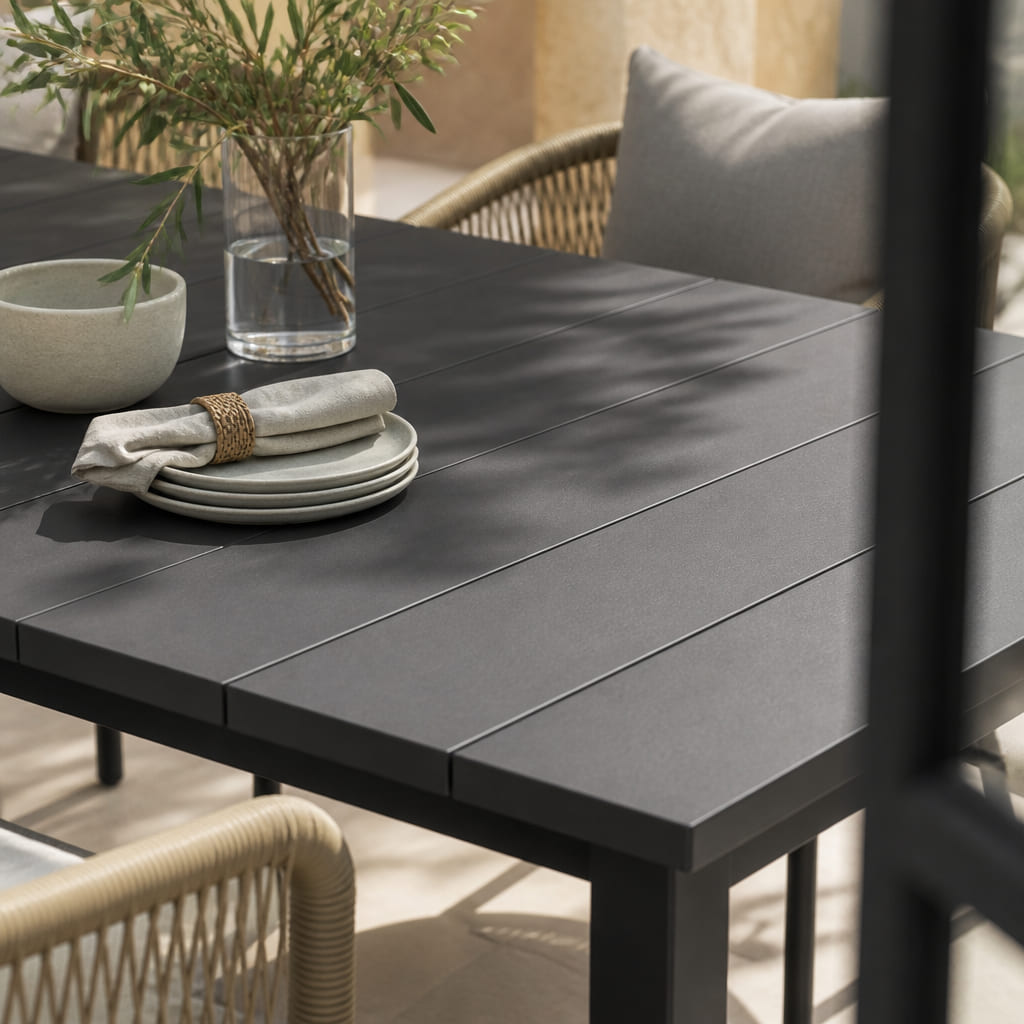 Vicllax 7-Piece Outside Dining Furniture - 63" Rectangular Slat-Top Table with Aria Modern Woven Rope Armchair
