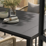 Vicllax 7-Piece Outside Dining Furniture - 63" Rectangular Slat-Top Table with Aria Modern Woven Rope Armchair