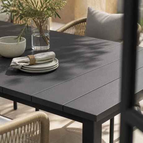 Vicllax 7-Piece Outside Dining Furniture - 63" Rectangular Slat-Top Table with Aria Modern Woven Rope Armchair