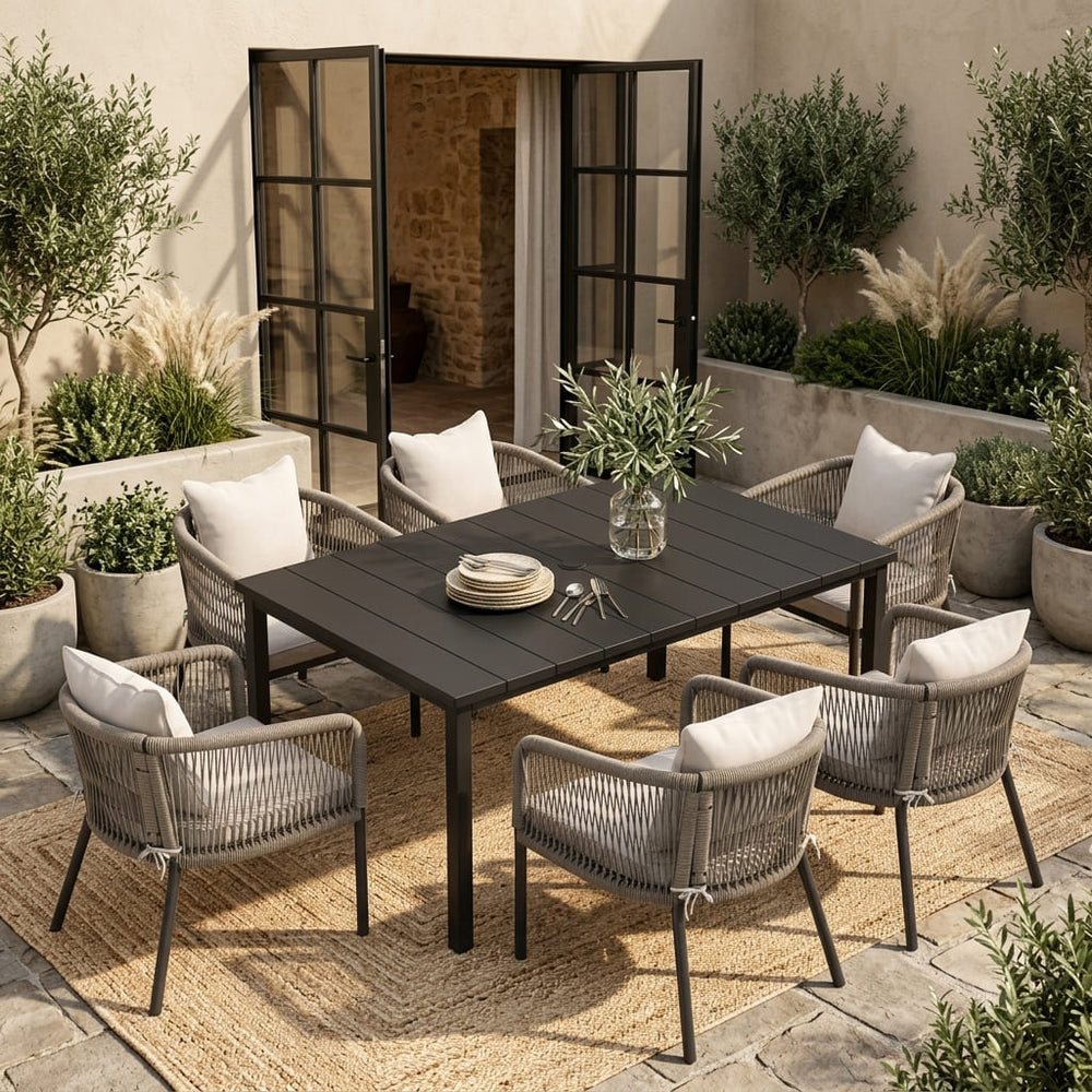 Vicllax 7-Piece Outside Dining Furniture - 63" Rectangular Slat-Top Table with Aria Modern Woven Rope Armchair