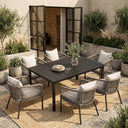 Vicllax 7-Piece Outside Dining Furniture - 63" Rectangular Slat-Top Table with Aria Modern Woven Rope Armchair