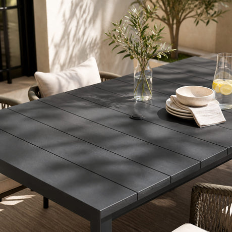 Vicllax 7-Piece Outside Dining Furniture - 63" Rectangular Slat-Top Table with Aria Modern Woven Rope Armchair