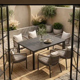 Vicllax 7-Piece Outside Dining Furniture - 63" Rectangular Slat-Top Table with Aria Modern Woven Rope Armchair
