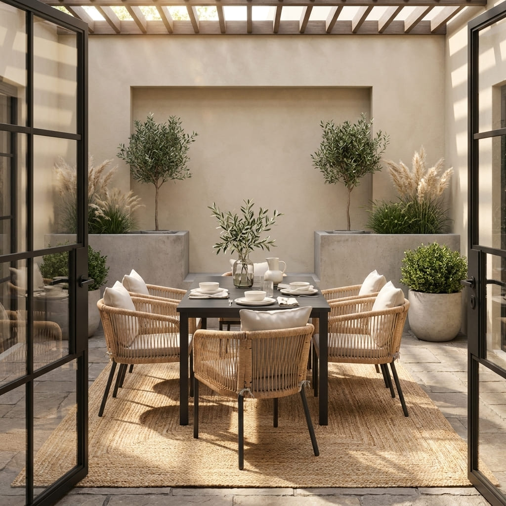 Vicllax 7-Piece Outside Dining Furniture - 63" Rectangular Slat-Top Table with Aria Modern Woven Rope Armchair