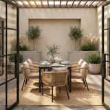 Vicllax 7-Piece Outside Dining Furniture - 63" Rectangular Slat-Top Table with Aria Modern Woven Rope Armchair