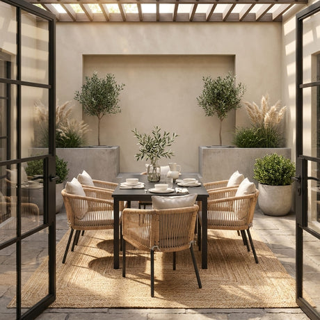 Vicllax 7-Piece Outside Dining Furniture - 63" Rectangular Slat-Top Table with Aria Modern Woven Rope Armchair