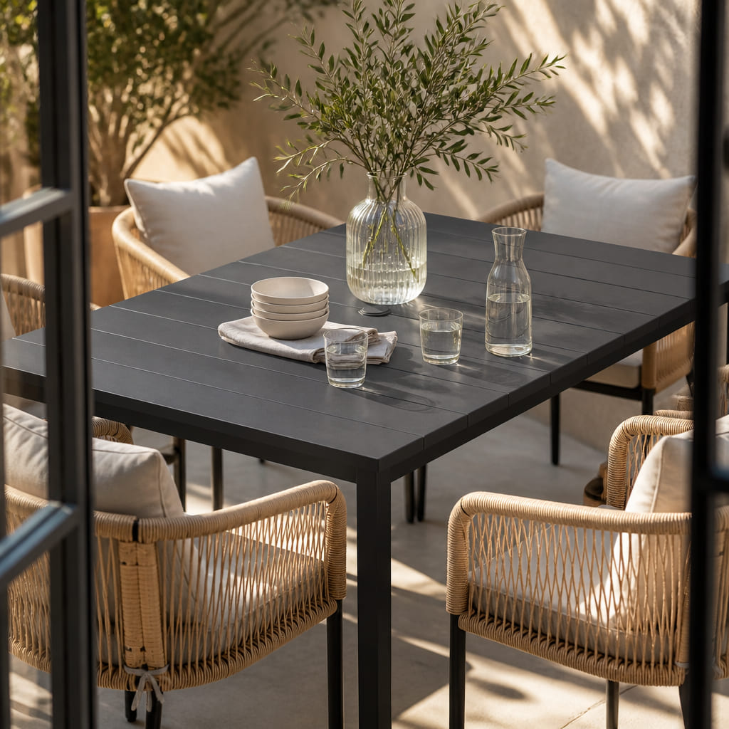 Vicllax 7-Piece Outside Dining Furniture - 63" Rectangular Slat-Top Table with Aria Modern Woven Rope Armchair