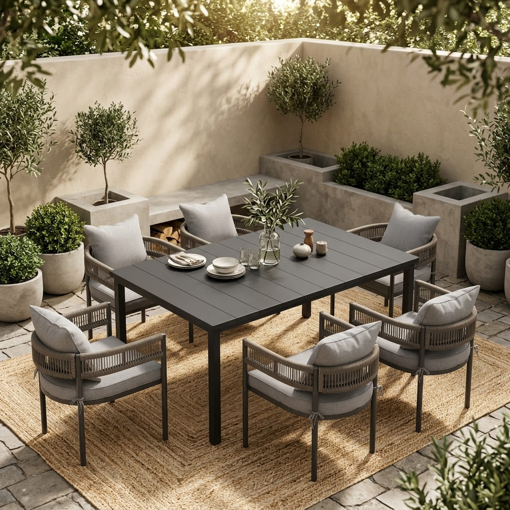 VICLLAX 7-Piece Weather-Resistant Outside Dining Furniture - 63" Rectangular Slat-Top Table with 6 Aria Low-back Outdoor Dining Armchair