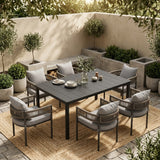 VICLLAX 7-Piece Weather-Resistant Outside Dining Furniture - 63" Rectangular Slat-Top Table with 6 Aria Low-back Outdoor Dining Armchair