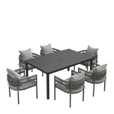 VICLLAX 7-Piece Weather-Resistant Outside Dining Furniture - 63" Rectangular Slat-Top Table with 6 Aria Low-back Outdoor Dining Armchair